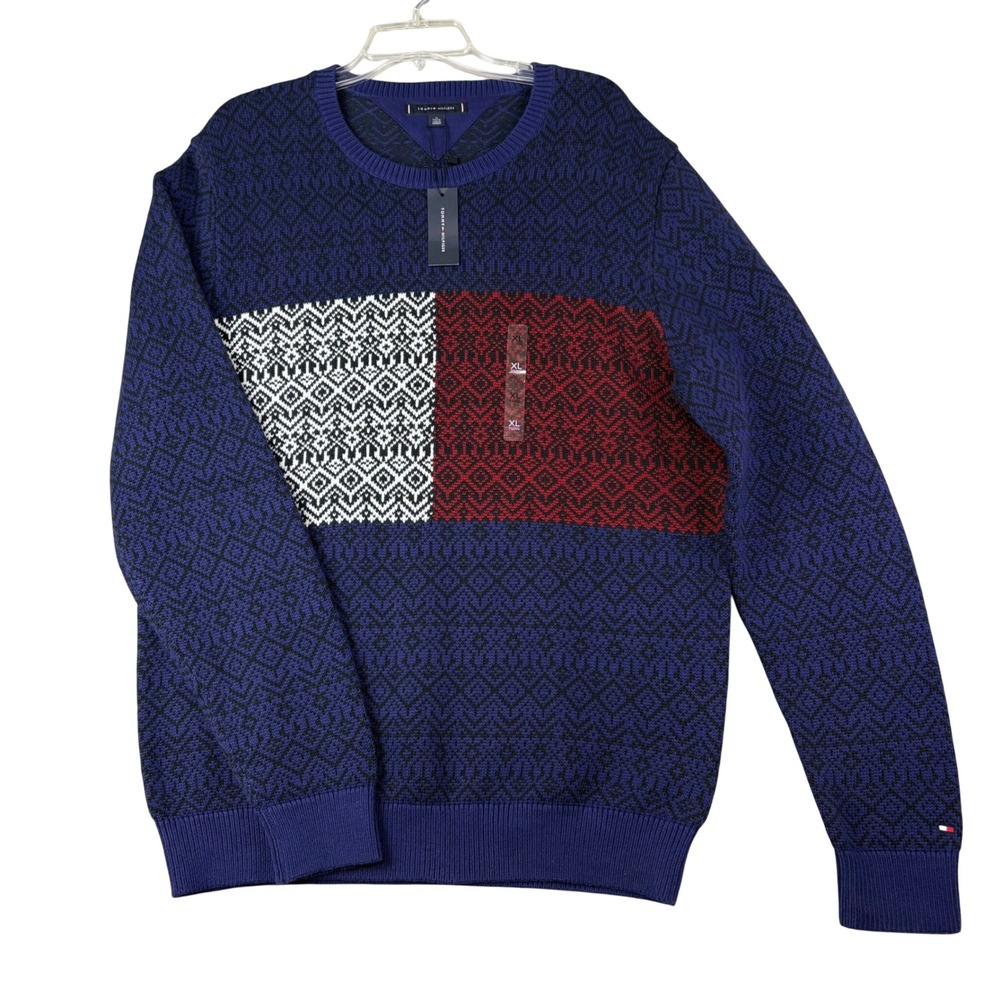 Tommy Hilfiger XL Blue Colorblock Crewneck Sweater Geometric Knit Preppy NWT